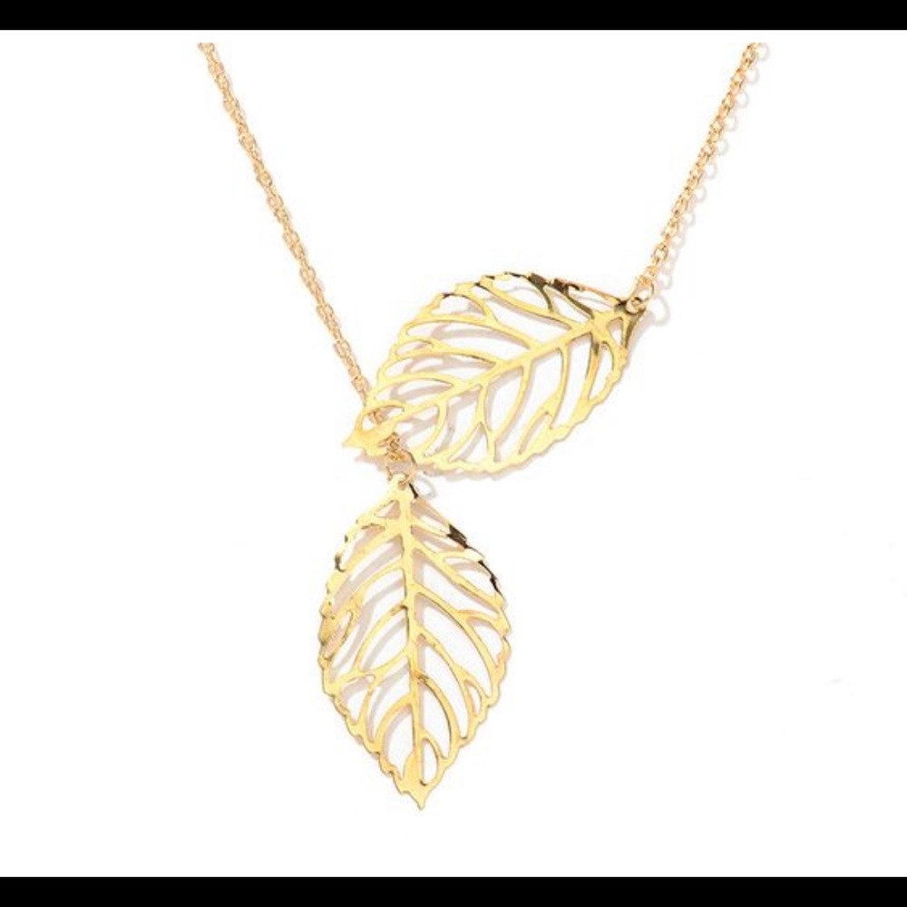 Gold Metal Double Large Leaf Necklace